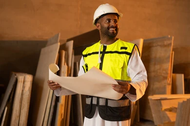 Working on engineering plans and papers, an Arab Gulf Omani engineer wearing a dishdasha and work clothes holding a paper in his hand, workshops in the Sultanate of Oman, tools and equipment made of marble, quality of local national production, home and office furniture manufacturing