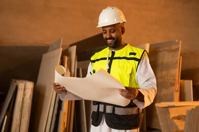 Working on engineering plans and papers, an Arab Gulf Omani engineer wearing a dishdasha and work clothes holding a paper in his hand, workshops in the Sultanate of Oman, tools and equipment made of marble, quality of local national production, home and office furniture manufacturing