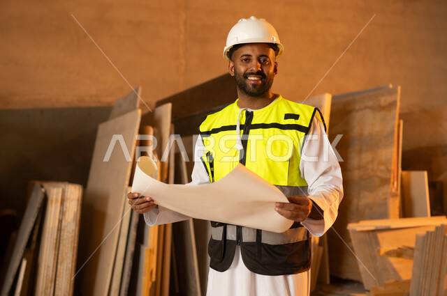 Working on engineering plans and papers, an Arab Gulf Omani engineer wearing a dishdasha and work clothes holding a paper in his hand, workshops in the Sultanate of Oman, tools and equipment made of marble, quality of local national production, home and office furniture manufacturing
