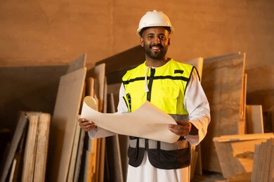 Working on engineering plans and papers, an Arab Gulf Omani engineer wearing a dishdasha and work clothes holding a paper in his hand, workshops in the Sultanate of Oman, tools and equipment made of marble, quality of local national production, home and office furniture manufacturing