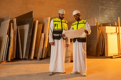Exchanging opinions and experiences, workshops in the Sultanate of Oman, tools and equipment made of marble, quality of local national production, home and office furniture manufacturing, an Arab Gulf Omani engineer man wearing a dishdasha and work clothes discussing with his colleague