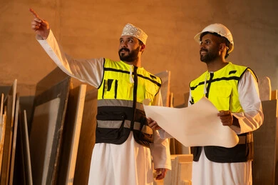 مبادلة الآراء والخبرات، ورشات عمل في سلطنة عمان, أدوات ومعدات مصنوعة من الرخام, جودة الانتاج المحلي الوطني, صناعة الأثاث المنزلي والمكتبي، رجل مهندس عربي خليجي عماني يرتدي الدشداشة وزي العمل يتناقش مع زميله