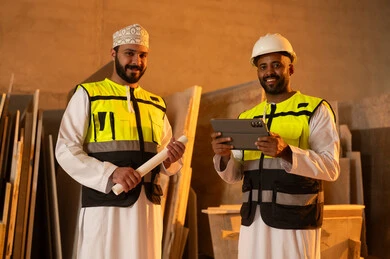 جودة الانتاج المحلي الوطني, صناعة الأثاث المنزلي والمكتبي، رجلان مهندسان عربيان خليجيان عمانيان يرتديان الدشداشة وزي العمل يعملان على جهاز التابلت، دمج التقنية والتكنولوجيا في المعامل، مصانع ومعامل سلطنة عمان, أدوات ومعدات مصنوعة من الرخام