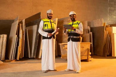 Quality of local national production, home and office furniture industry, two Omani Gulf Arab engineers wearing dishdashas and work clothes working on a tablet, integrating technology and technology in laboratories, factories and workshops of the Sultanate of Oman, tools and equipment made of marble