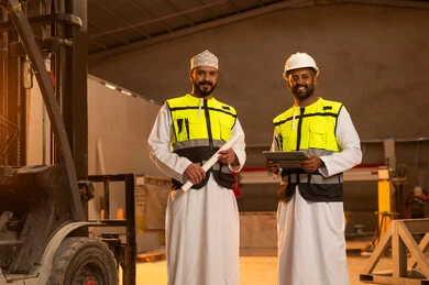 جودة الانتاج المحلي الوطني, صناعة الأثاث المنزلي والمكتبي، رجلان مهندسان عربيان خليجيان عمانيان يرتديان الدشداشة وزي العمل يعملان على جهاز التابلت، دمج التقنية والتكنولوجيا في المعامل، مصانع ومعامل سلطنة عمان, أدوات ومعدات مصنوعة من الرخام