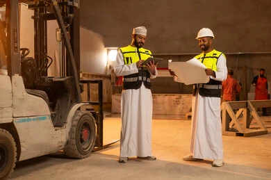 مصانع ومعامل سلطنة عمان, أدوات ومعدات مصنوعة من الرخام، جودة الانتاج المحلي الوطني, صناعة الأثاث المنزلي والمكتبي، رجلان مهندسان عربيان خليجيان عمانيان يرتديان الدشداشة وزي العمل يعملان على جهاز التابلت، دمج التقنية والتكنولوجيا في المعامل