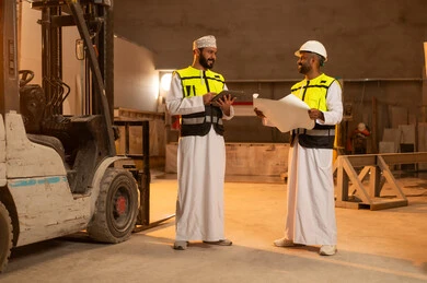 جودة الانتاج المحلي الوطني, صناعة الأثاث المنزلي والمكتبي، رجلان مهندسان عربيان خليجيان عمانيان يرتديان الدشداشة وزي العمل يعملان على جهاز التابلت، دمج التقنية والتكنولوجيا في المعامل، مصانع ومعامل سلطنة عمان, أدوات ومعدات مصنوعة من الرخام