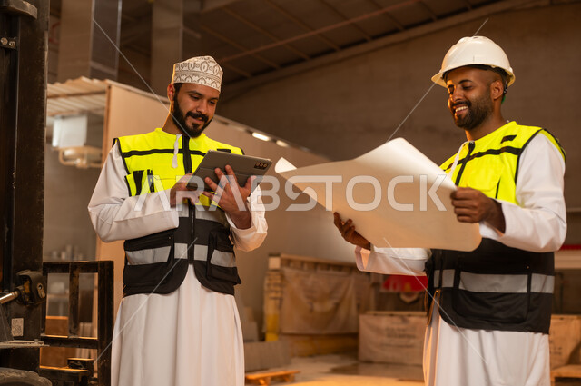مصانع ومعامل سلطنة عمان, أدوات ومعدات مصنوعة من الرخام، جودة الانتاج المحلي الوطني, صناعة الأثاث المنزلي والمكتبي، رجلان مهندسان عربيان خليجيان عمانيان يرتديان الدشداشة وزي العمل يعملان على جهاز التابلت، دمج التقنية والتكنولوجيا في المعامل