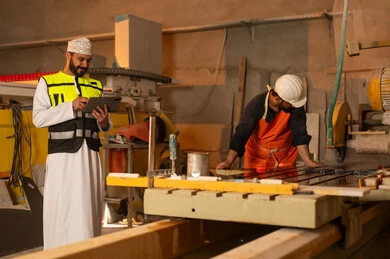 Monitoring and evaluating employee performance via tablet, factories and workshops in the Sultanate of Oman, marble manufacturing machines and equipment, quality of local national production, an Arab Gulf Omani engineer wearing a dishdasha and work clothes working on a tablet, integrating technology into factories.