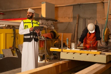 متابعة أداء العامل وتقيمه عبر التابلت، مصانع ومعامل سلطنة عمان, ألات ومكنات لصناعة الرخام، جودة الانتاج المحلي الوطني, رجل مهندس عربي خليجي عماني يرتدي الدشداشة وزي العمل يعمل على الجهاز اللوحي، دمج التقنية والتكنولوجيا في المعامل