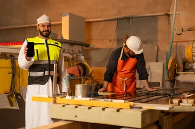 Worker performance check and evaluation, blank black screen on mobile phone, workshops in the Sultanate of Oman, tools and equipment made of marble, quality of local national production, home and office furniture industry, an Arab Gulf Omani engineer man wearing a dishdasha and work clothes holding a mobile phone in his hand