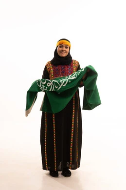 Pride in historical heritage, Flag Day March 11, the day we started in 1727 AD, wearing the Central Region costume, Saudi National Day September 23, portrait of a Saudi Arabian Gulf woman wearing a kurta and a head holding the Kingdom's flag looking at the camera with an expression of pride, full body, white background
