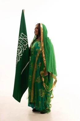 Flag Day, March 11, standing upright with proud gestures, wearing the traditional costume of the central region on a national occasion, Badina Day, February 22, Saudi National Day, September 23, portrait of a Saudi Arabian Gulf woman wearing a sheila and bisht holding the flag of the Kingdom, full body length, white background