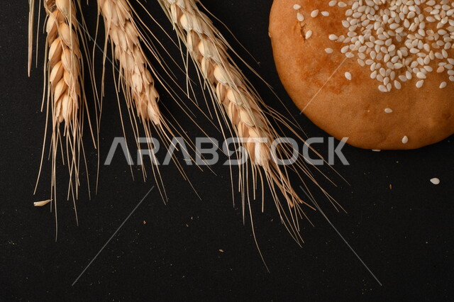 قطعة خبز مصنوعه من القمح الابيض, خبزه مع السمسم , سنابل القمح الطازجه, خلفيه سوداء, مخبوزات طازجه