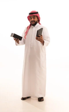 Gift giving during Eid and special occasions, the concept of gratitude and appreciation, expressing love, respect, and admiration, a portrait of a Saudi Arabian Gulf man wearing a ghutrah and traditional thobe holding a gift box, looking at it with gestures of surprise and shock, full body, white background.