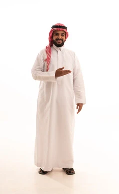 Hand signals and gestures indicating this place (here), specifying the location of a certain object, a portrait of a smiling Arab Gulf Saudi man wearing a ghutrah and traditional thobe pointing with his hands to the right, full body image, white background.