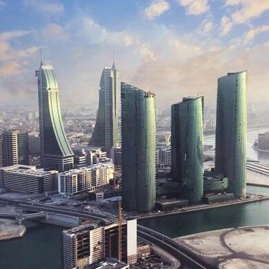 Financial Harbour overlooking the Arabian Gulf, famous tourist places in the Kingdom of Bahrain, Manama waterfront during the day, calm sea views, architectural art of towers, buildings and skyscrapers