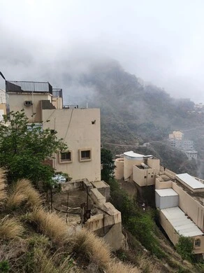 الجو الضبابي الغائم في المناطق المرتفعة، البيوت القديمة الشعبية، مكان ومنطقة سياحية طبيعية، الأشجار والنباتات والمساحات الخضراء، المدرجات الزراعية على السفوح الجبلية، جبال فيفاء في جازان جنوب المملكة العربية السعودية، القمم والمرتفعات الصخرية