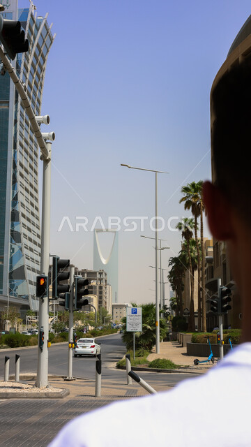 Urban growth and development of buildings and residential facilities, architectural engineering art of towers and skyscrapers in the Kingdom of Saudi Arabia, an overhead photo of the Kingdom Tower in the city of Riyadh
