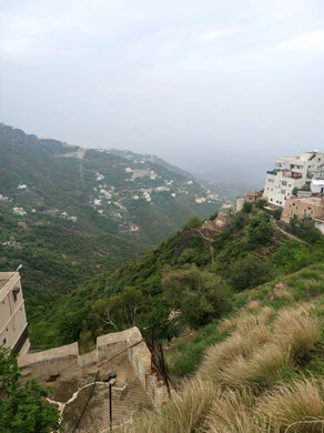  مكان ومنطقة سياحية طبيعية، الأشجار والنباتات ومساحات الطبيعة الخضراء، المدرجات الزراعية على السفوح الجبلية، البيوت القديمة الشعبية على جبال فيفاء في جازان جنوب المملكة العربية السعودية، القمم والمرتفعات الصخرية في النهار