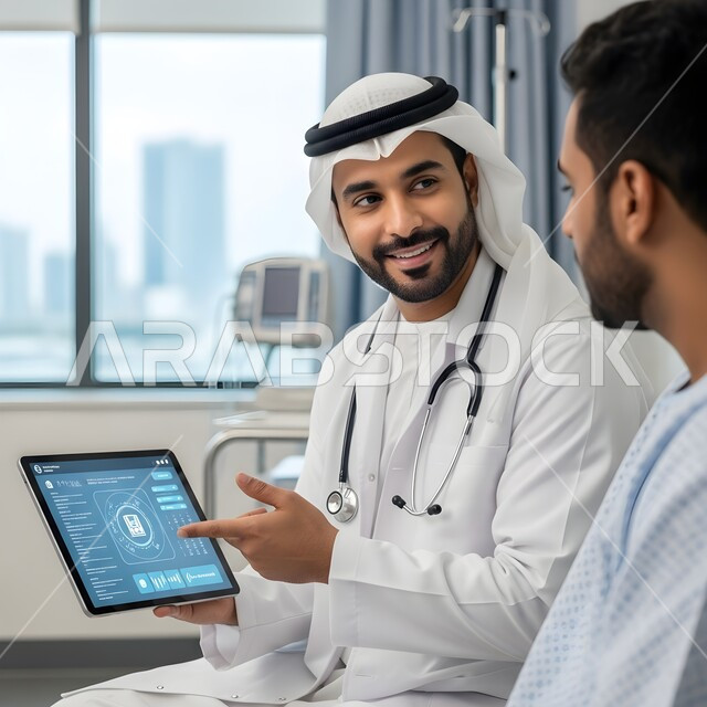 دمج التقنية والتكنولوجيا في المجال الطبي, صورة مقربة لطبيب عربي خليجي سعودي مبتسم يرتدي الغترة والمعطف الطبي يستخدم جهاز التابلت لشرح النتائج الطبية للمريض, تطور التكنولوجيا في مستشفيات المملكة العربية السعودية