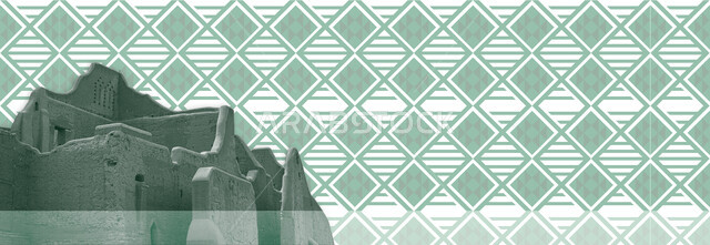 Popular heritage of Sadu decoration with geometric shapes, a heritage landmark in Diriyah, heritage engravings and embroidery, national occasions and holidays, celebrating Saudi National Day on September 23, Flag Day on March 11, the National Day logo to commemorate the 95th anniversary of Saudi Arabia, decorative Gulf Arab shapes