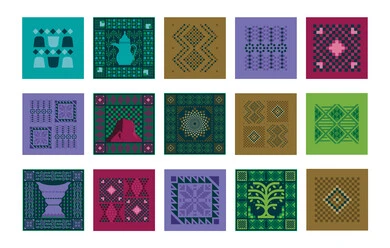 نقوش و تطريز تراثي، المناسبات والأعياد الوطنية، الاحتفال باليوم الوطني السعودي 23 سبتمبر، يوم العلم 11 مارس، شعار اليوم الوطني لاحياء الذكرى 95 للسعودية، اشكال عربية خليجية مزخرفة, التراث الشعبي لزخرفة السدو بأشكال هندسية