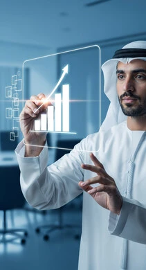  مراقبة الرسوم والمخططات البيانية، سوق البورصة العالمي، تداول العملة الرقمية، مفهوم التجارة والاقتصاد، ارتفاع وانخفاض الأسهم, رجل عربي خليجي اماراتي يرتدي الغترة والكندورة يقوم بلمس رسم بياني هولوجرامي توضيحي للمؤشرات الاقتصادية , تحليل البيانات المالية والمصرفية
