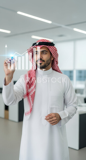 Financial and banking data analysis, chart and graph monitoring, global stock market, cryptocurrency trading, concept of trade and economics, rise and fall of stocks, Saudi Arabian Gulf man wearing traditional keffiyeh and thobe touching a holographic chart illustrating economic indicators