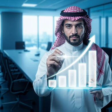  مراقبة الرسوم والمخططات البيانية، سوق البورصة العالمي، تداول العملة الرقمية، مفهوم التجارة والاقتصاد، ارتفاع وانخفاض الأسهم, رجل عربي خليجي سعودي يرتدي الشماغ والثوب التقليدي يقوم بلمس رسم بياني هولوجرامي توضيحي للمؤشرات الاقتصادية , تحليل البيانات المالية والمصرفية