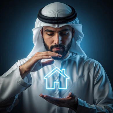 مفهوم الاسكان والتمليك، شراء عقار جديد, بورتريه مقرب لرجل عربي خليجي اماراتي يرتدي الغترة والكندورة يحمل بيده مجسم بيت جديد بتقنية الهولوجرام، امتلاك سكن حديث والاستقرار العائلي 
