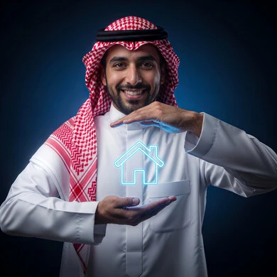 شراء عقار جديد, بورتريه مقرب لرجل عربي خليجي سعودي مبتسم يرتدي الغترة والثوب التقليدي يحمل بيده مجسم بيت جديد بتقنية الهولوجرام، امتلاك سكن حديث والاستقرار العائلي , مفهوم الاسكان والتمليك   