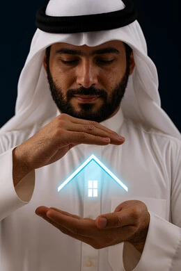 شراء عقار جديد, بورتريه مقرب لرجل عربي خليجي سعودي يرتدي الغترة والثوب التقليدي يحمل بيده مجسم بيت جديد بتقنية الهولوجرام، امتلاك سكن حديث والاستقرار العائلي , مفهوم الاسكان والتمليك