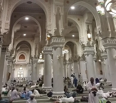 Islamic style interior architecture of mosques, decorations and chandeliers of the Prophet's Chamber inside the Prophet's Mosque, worship and closeness to God, a sacred Islamic religious landmark in the Kingdom of Saudi Arabia