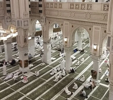 Islamic style interior architecture of mosques, decorations and chandeliers of the Prophet's Chamber inside the Prophet's Mosque, worship and closeness to God, a sacred Islamic religious landmark in the Kingdom of Saudi Arabia