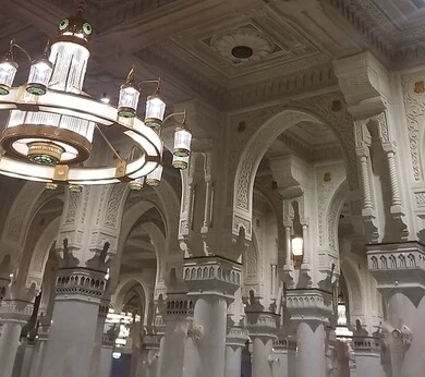 Decorations and chandeliers of the Prophet's Chamber inside the Prophet's Mosque, worship and closeness to God, a sacred Islamic religious landmark in the Kingdom of Saudi Arabia, the interior architectural art of mosques in the Islamic style