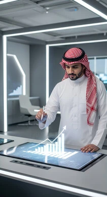 تحليل البيانات المالية والمصرفية، مراقبة الرسوم والمخططات البيانية، سوق البورصة العالمي، تداول العملة الرقمية، مفهوم التجارة والاقتصاد، ارتفاع وانخفاض الأسهم, رجل عربي خليجي سعودي يرتدي الشماغ والثوب التقليدي يقوم بلمس رسم بياني هولوجرامي توضيحي للمؤشرات الاقتصادية 