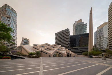 King Abdullah Financial District (KAFD) in Riyadh during the day, achieving economic renaissance, leading companies in banking services, the ideal destination for finance and business in the Kingdom of Saudi Arabia, modern architectural art for commercial buildings