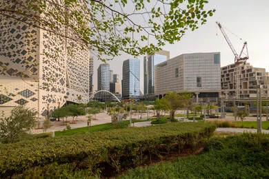 King Abdullah Financial District (KAFD) Towers in Riyadh during the day, achieving economic renaissance, leading companies in banking services, the ideal destination for finance and business in the Kingdom of Saudi Arabia, modern architectural art for commercial buildings