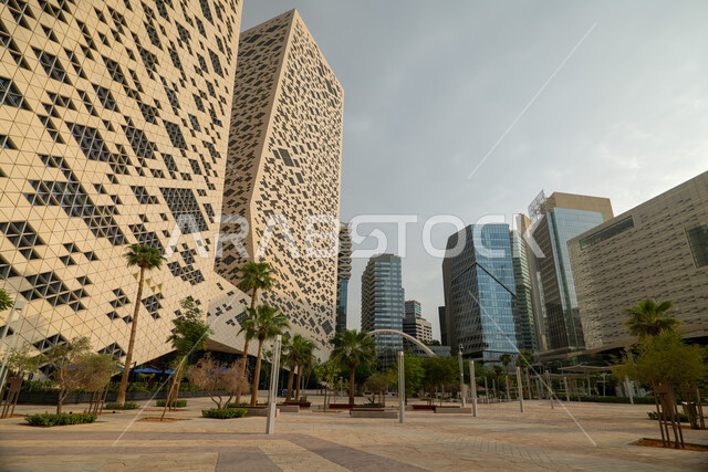Achieving economic renaissance, leading companies in banking services, the ideal destination for finance and business in the Kingdom of Saudi Arabia, modern architectural art for commercial buildings, King Abdullah Financial District (KAFD) in Riyadh during the day