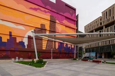 Murals of landmarks in King Abdullah Financial District (KAFD) in Riyadh during the day, achieving economic renaissance, leading companies in banking services, the ideal destination for finance and business in the Kingdom of Saudi Arabia, modern architectural art for commercial buildings