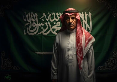 Love of the homeland and belonging to it, a Saudi Arabian Gulf man wearing the traditional thobe and shemagh standing straight looking at the camera with gestures of pride and honor, Saudi National Day, March 23, Saudi Flag Day, March 11, background of the flag of the Kingdom of Saudi Arabia