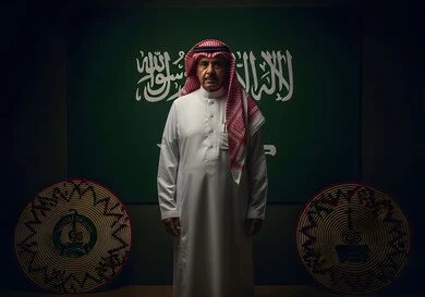 حب الوطن والانتماء إليه، رجل عربي خليجي سعودي يرتدي الثوب التقليدي والشماغ يقف باستقامة  ينظر إلى الكاميرا بإيماءات الفخر والاعتزاز، ذكرى اليوم الوطني السعودي 23 مارس، يوم العلم السعودي 11 مارس، خلفية علم المملكة العربية السعودية