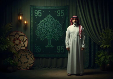 Saudi National Day commemoration, March 23, Saudi Flag Day, March 11, love of the homeland and belonging to it, a Saudi Arabian Gulf man wearing the traditional thobe and shemagh standing straight looking at the camera with gestures of pride and honor