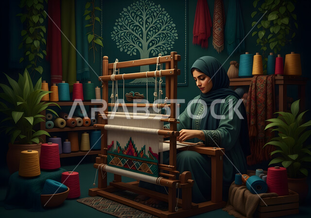 صناعة تقليدية تاريخية، حرفة ومهنة يدوية قديمة، يوم بدينا ٢٢ فبراير، سيدة عربية خليجية سعودية ترتدي العباءة تقوم بنسج وغزل الصوف، ذكرى تاسيس الدوله السعوديه الاولى ١٧٢٧م، منتج وطني محلي, إحياء التراث الشعبي السعودي