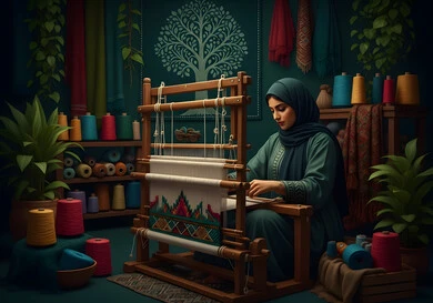 صناعة تقليدية تاريخية، حرفة ومهنة يدوية قديمة، يوم بدينا ٢٢ فبراير، سيدة عربية خليجية سعودية ترتدي العباءة تقوم بنسج وغزل الصوف، ذكرى تاسيس الدوله السعوديه الاولى ١٧٢٧م، منتج وطني محلي, إحياء التراث الشعبي السعودي