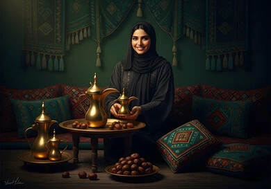 A local product and national agricultural crop, the concept of hospitality and reception, a Saudi Arabian Gulf woman wearing an abaya and hijab pouring coffee, authentic Saudi customs and traditions in serving Arabic coffee, celebrating Saudi National Day on September 23, popular national celebrations and occasions