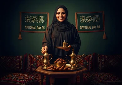 منتج محلي ومحصول زراعي وطني، مفهوم حسن الضيافه والاستقبال، إمرأة عربية خليجية سعودية ترتدي العباءة والحجاب تقوم بصب القهوة، عادات وتقاليد سعودية اصيلة في تقديم القهوة العربية، الاحتفال باليوم الوطني السعودي في 23 سبتمبر، الاحتفالات و المناسبات الوطنية الشعبية