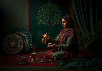 A local product and national agricultural crop, the concept of hospitality and reception, a Saudi Arabian Gulf woman wearing an abaya and hijab pouring coffee, authentic Saudi customs and traditions in serving Arabic coffee, celebrating Saudi National Day on September 23, popular national celebrations and occasions