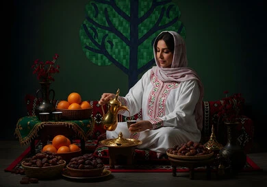A local product and national agricultural crop, the concept of hospitality and reception, a Saudi Arabian Gulf woman wearing an abaya and hijab pouring coffee, authentic Saudi customs and traditions in serving Arabic coffee, celebrating Saudi National Day on September 23, popular national celebrations and occasions